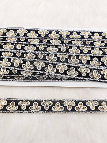 Wholesale Black Net Lace Floral Embroidery & Glitter Gold Sequins, Indian Wedding Border, Gifting Ribbon Costume Trim Fashion Trimming